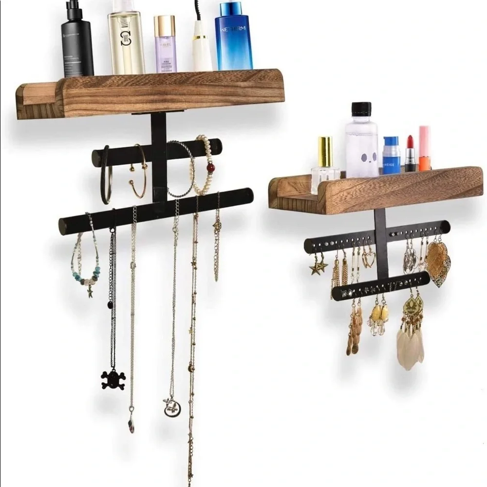 Wooden shelves with jewelry holders.